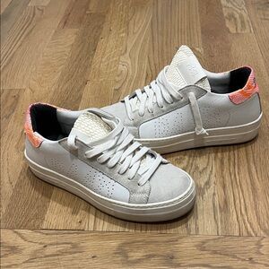 P448 White Leather Sneakers with Pink Orange Heel Accent